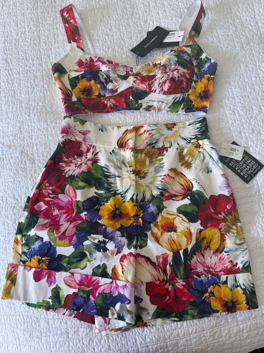 Dolce & Gabbana White Floral Strapless Top with Multicolor Bloom Set s